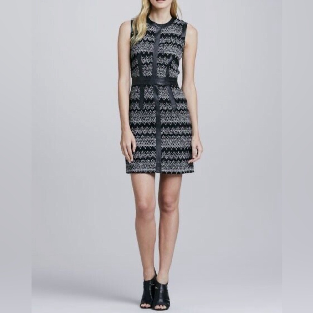 Milly chevron wool sheath dress with leather trim
